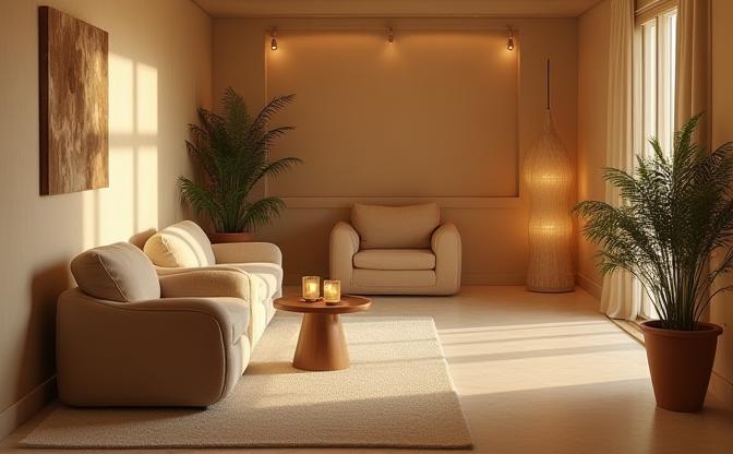 Espace d’accueil confortable du spa avec fauteuils et lumière douce.